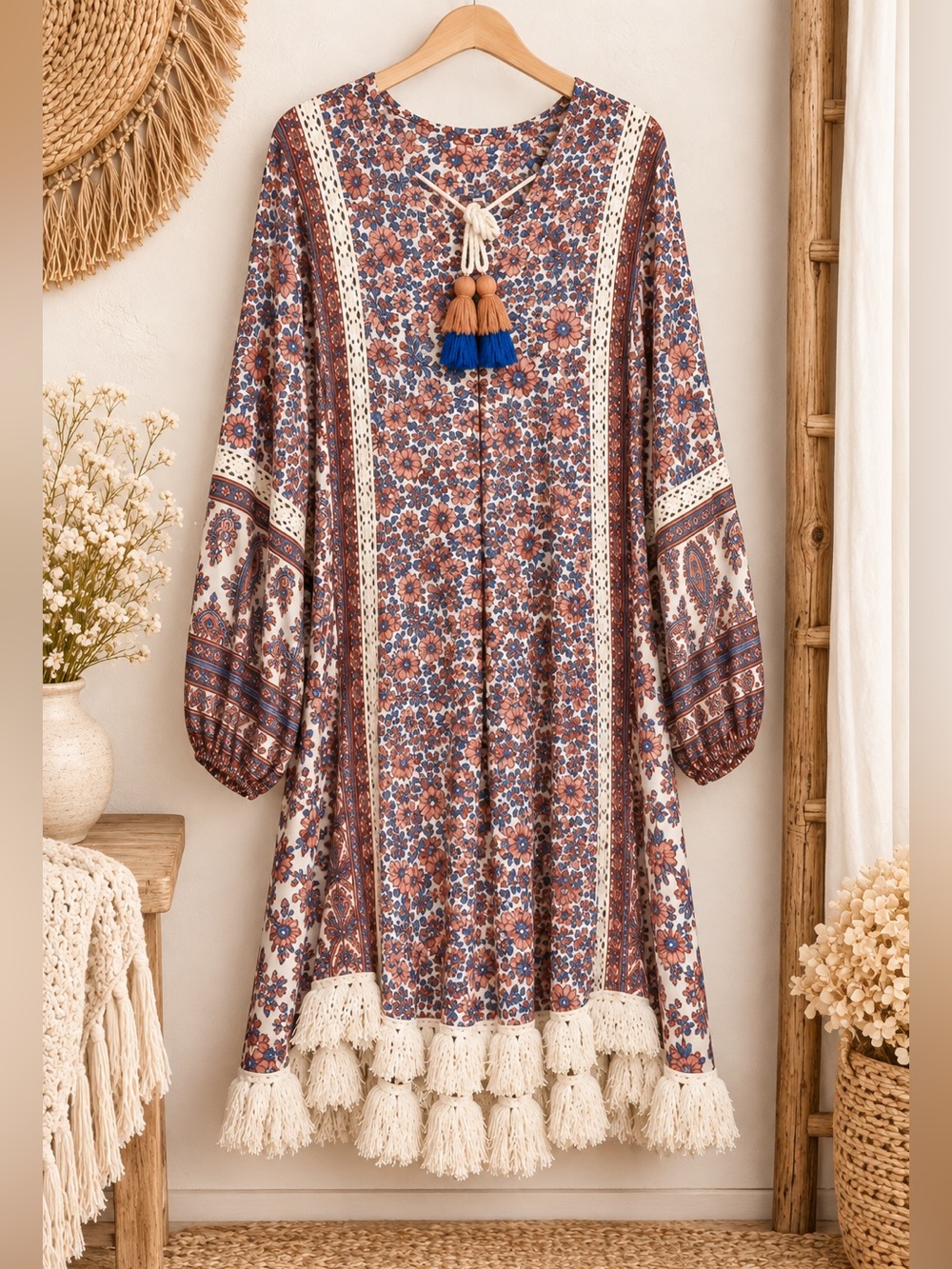 RAGA Boho Floral Maxi Dress Medium 100% Viscose Tassel Fringe